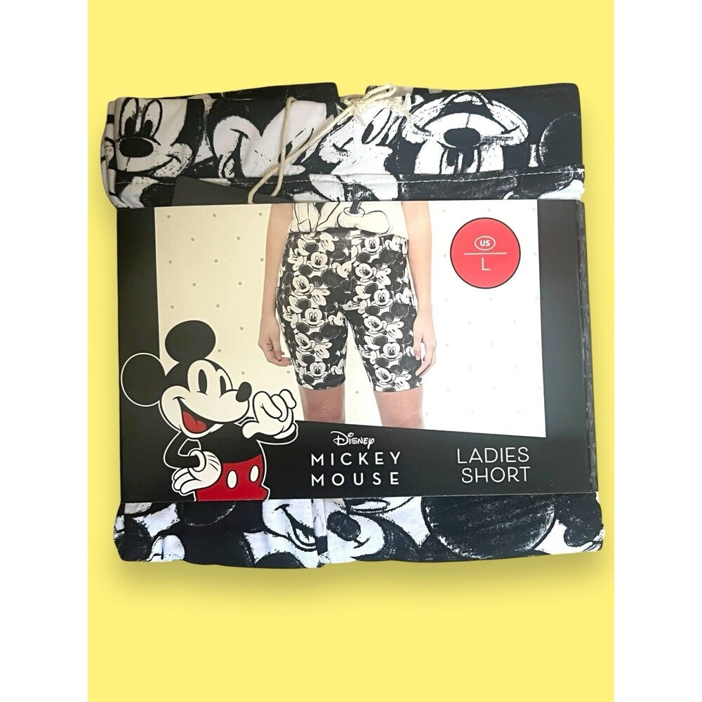Disney Mickey Mouse Women's Shorts Black White All-Over Design Extra Tight Fit L